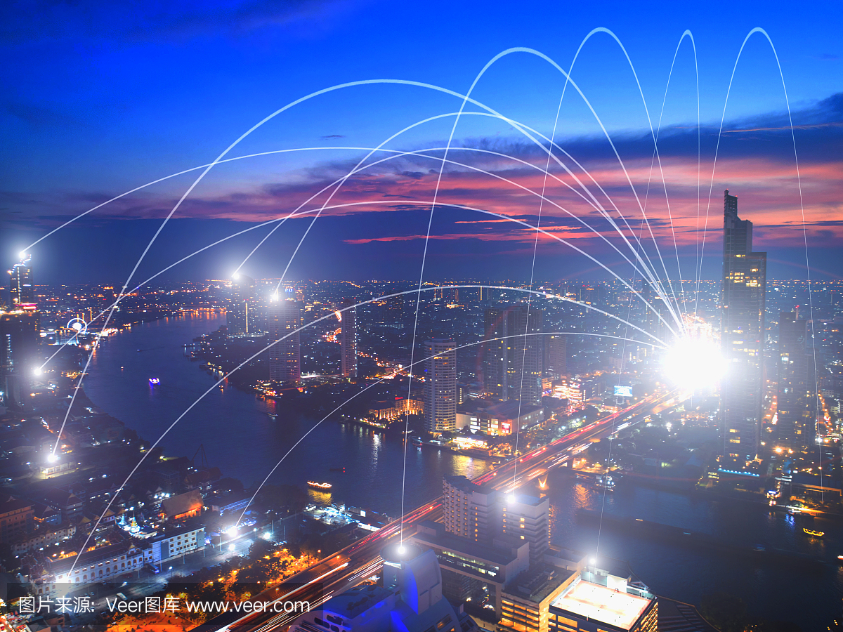 商業(yè)網(wǎng)絡(luò)連接概念和城市Wi-Fi。技術(shù)交流。背景模糊了首都的建筑。